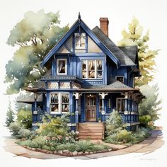 a watercolor painting of a blue house with trees and bushes around the front porch