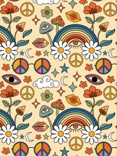 a colorful pattern with flowers and peace signs on it's sides, as well as clouds