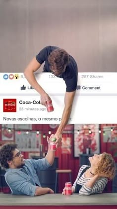 two people sitting at a table and one is reaching for a can of coca - cola