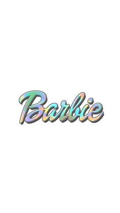 the word barbie written in holographic font on a white background with an iridescent effect