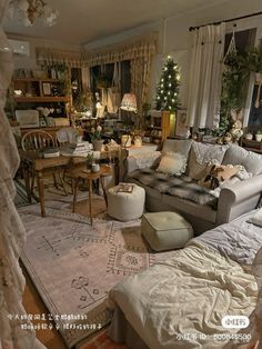 a living room filled with lots of furniture and decor on top of a white rug