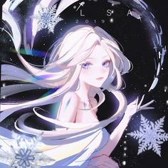 a girl with long white hair standing in front of snowflakes