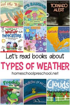 books about types of weather in homeschoolerschool net with text overlay that reads let's read books about types of weather