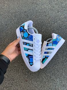 Custom Painted Adidas, Adidas Heels, Adidas Custom Shoes, Painted Adidas Superstar, Custom Adidas Superstar, Adidas Superstar Blue, Painted Adidas, Nike Shoes Photo, Adidas Custom