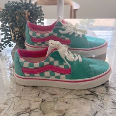 Pink And Green Checkered, Men’s Size 4.5, Women’s Size 6.0 Green Vans Women, Green Checkered Vans, Pink And Green Checkered, Vans Teal Checkered, Floral Checkered Vans, Green Slip-on Vans Skate Shoes, Vans Pink, Custom Vans Shoes, Skater Shoes