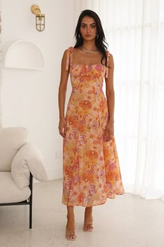 Orange Midi Dress Wedding Guest, 70s Semi Formal Dress, Off Shoulder Midi Dress Formal, Pink Floral Dress Formal, Casual Party Dresses For Women, Summer Wedding Outfits Guest, Peachy Orange Bridesmaid Dresses, Garden Semi Formal Wedding Attire Guest, Desert Wedding Dress Guest