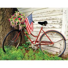 a red bicycle with an american flag basket on the back parked next to a tree