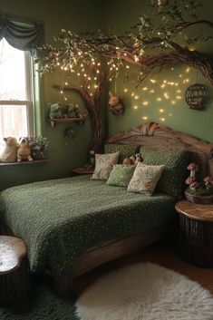 a bedroom decorated in green and white with lights on the tree wall above the bed