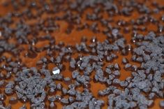 a close up view of chocolate chips on a brown tablecloth with water drops coming from the top