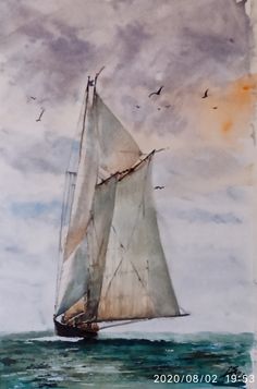 a watercolor painting of a sailboat in the ocean with birds flying around it