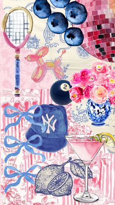 a collage of blue and pink items including a cocktail glass, tennis racquets, flowers, and other things