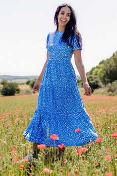 Sugarhill Brighton - Polly Smock Dress in Cornflower Blue Spot Happy Clothes, Cotton Jersey Dress, Skirt Short, Hem Skirt, Tier Skirt, Cornflower Blue, Day Dress, Sustainable Fabrics, Smock Dress