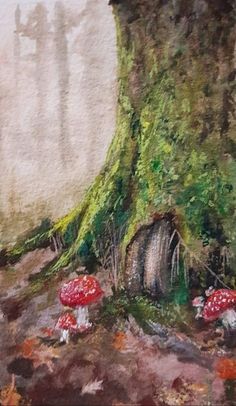 a painting of mushrooms growing on the ground next to a tree