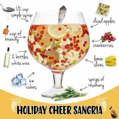 a holiday cheer sangria recipe in a wine glass with ingredients labeled on the side