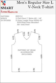 men's regular size t - shirt pattern with measurements for the front and back