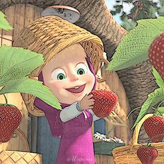 a cartoon character holding two strawberries in front of a tree and another character behind it