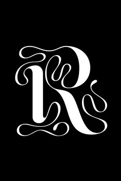 the letter r is made up of swirls and letters that are white on black