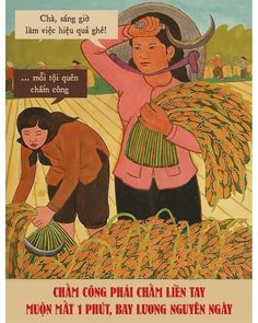 an old poster shows two people working in a field with wheat stalks on the ground