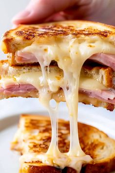 a sandwich with ham and cheese being held up to the camera