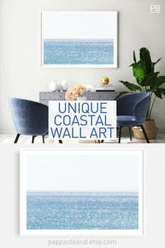 two blue chairs in front of a white wall with the words unique coastal wall art