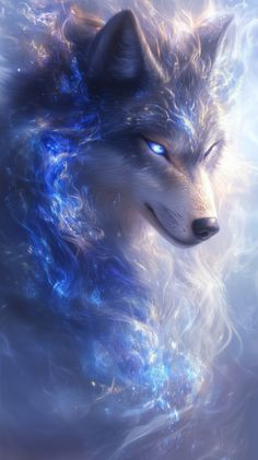 a wolf with blue eyes is shown in this digital painting style image, it appears to be looking like something out of space