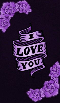 i love you sticker with roses and ribbon in the center on a black background