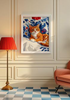 an orange and white cat sitting on top of a couch next to a lamp