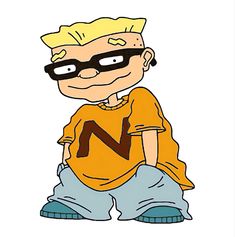 a cartoon boy with glasses sitting on the ground