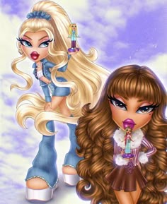 two cartoon girls with long blonde hair and blue eyes, one is holding a microphone