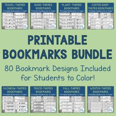 the printable bookmarks bundle for students to color is shown in blue and green