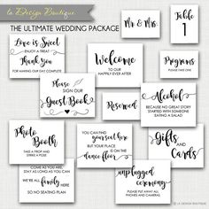 the ultimate wedding package for brides and grooms is shown in black on white