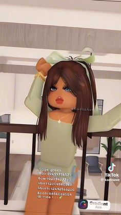 an animated girl is standing in front of a railing with her hands behind her head