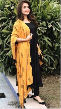 Excited to share this item from my #etsy shop: VeroniQ Trends - Black Anarkali Dress with Chanderi Silk Dupatta. #clothing #women #dress #black #yellow #anarkali #34sleeve #formalevent #solid Churidar Designs, Afrikaanse Mode, Salwar Designs, Kurti Neck Designs