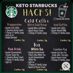 the menu for starbucks hacks is shown on a blackboard with white lettering and green trim