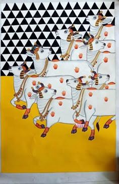 an art work depicting five white cows with gold and red decorations on their heads, standing in front of a black and white checkered background