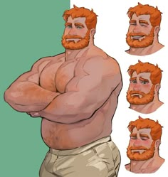 a drawing of a man with red hair and beards, showing different facial expressions