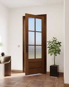 an empty room with a potted plant on the floor and a wooden door that has glass panels