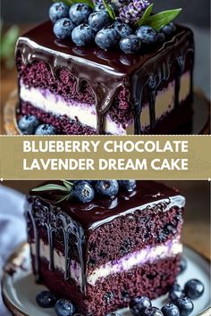 blueberry chocolate lavender dream cake on a plate