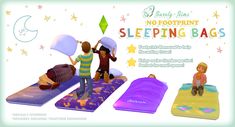 there are three children playing in the bed pillows and sleeping bags with stars on them