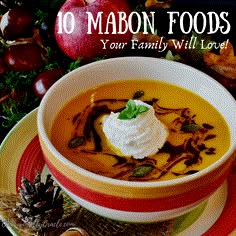 a bowl of pumpkin soup with whipped cream on top and apples in the background text reads, 10 mabon foods your family will love