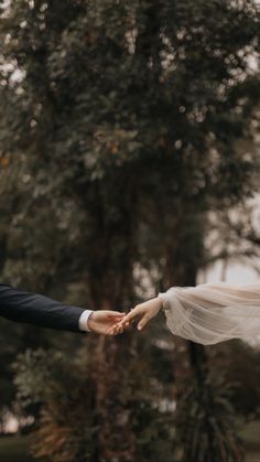 the bride and groom are holding hands with each other