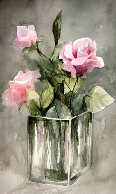 a painting of pink roses in a glass vase on an instagram page with the caption'besuchen '