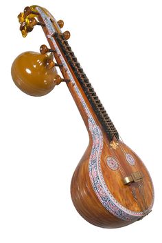 a wooden instrument with an orange ball on it's back end and strings attached to the neck