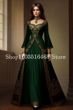 Hunter Green A-line Victorian Evening Dresses Long Sleeve Long Satin Gold Applique Customised Long Medieval Masquerade Dresses Green And Gold Medieval Dress, Green Midevil Gown, Casual Royal Dress, Sarah Fantasy Dress, Mid Evil Dresses Princesses, Royal Evening Gowns, Medieval Fantasy Dress Warriors, Medevil Outfits Women Royal, Mediavel Dress