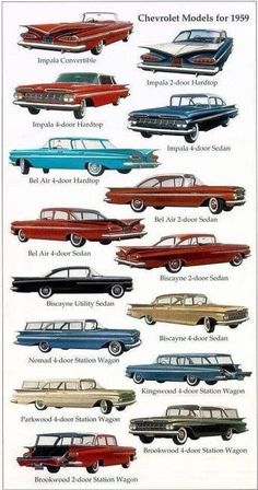 an advertisement for chevrolet models from the 1950's, featuring different colors and styles