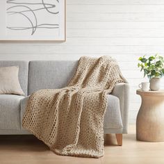 a couch with a blanket on it next to a potted plant