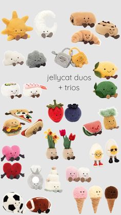 various stuffed animals are arranged in rows on a gray background with the words jellycat duos and trioos