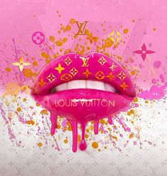 an advertisement for louis vuitton lipstick with pink and gold splatters on it