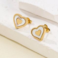 New Gold Plated Stainless Steel White And Gold Heart Stud Earrings White Heart Earrings For Mother's Day, White Open Heart Earrings For Anniversary, White Earrings With Heart Charm As Gift, White Open Heart Earrings For Gift, White Open Heart Earrings For Valentine's Day, Gift White Open Heart Earrings, Cute White Earrings For Valentine's Day, White Heart Charm Earrings For Gift, White Double Heart Earrings For Gift