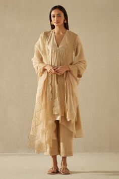 Shop for Sureena Chowdhri Beige Silk Chanderi Flared Kurta Set for Women Online at Aza Fashions Sureena Chowdhri, Lace Kaftan, Kurta Set For Women, Latest Dress Design, Beige Silk, Suits Design, Embroidery Suits Design, Zari Work, Organza Dupatta